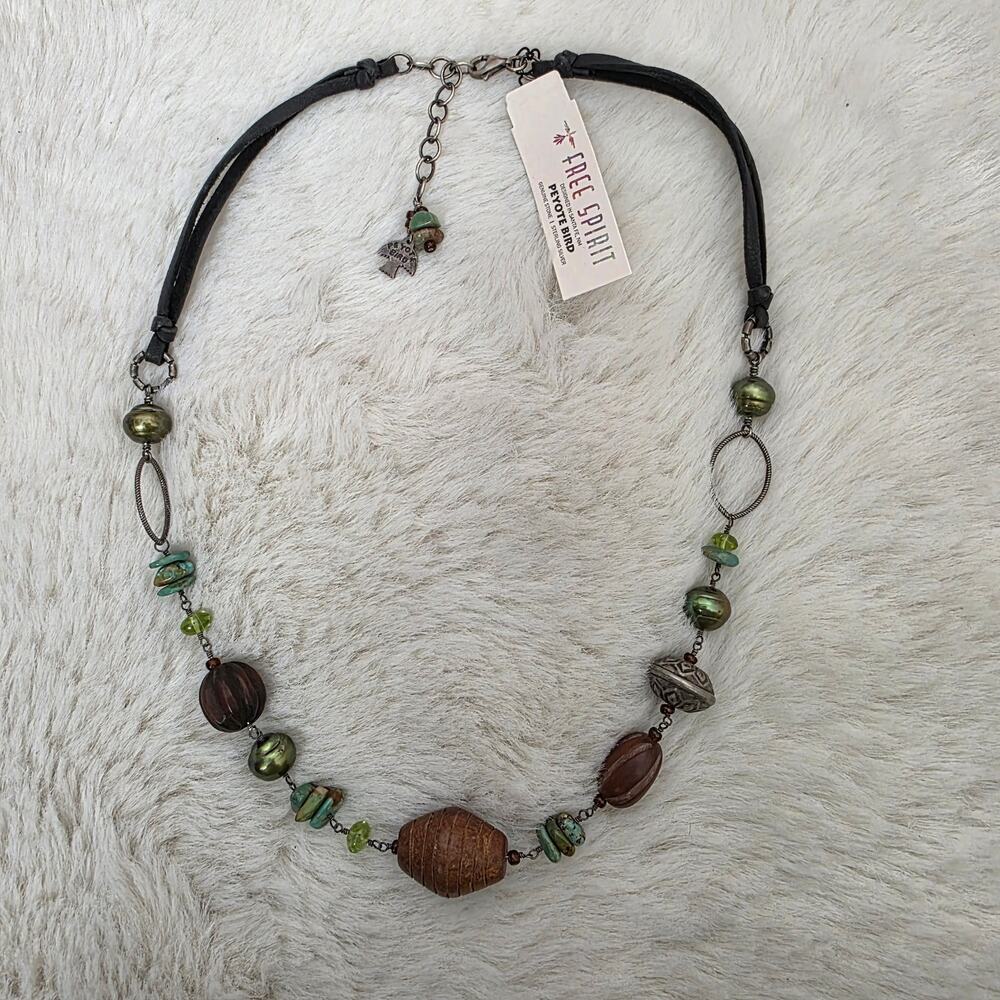 Peyote Bird Free Spirit Sterling Silver Leather Turquoise Pearl Wood Necklace